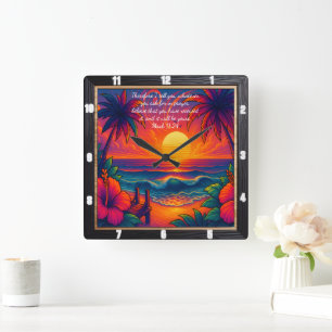 Mark 11:24 Tropical Sunset Prayer Verse Square Wall Clock
