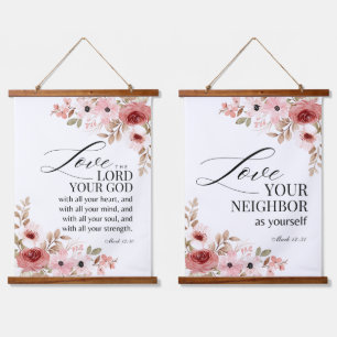 Mark 12:30-31 Inspirational Bible Verses Floral Hanging Tapestry