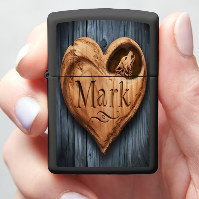 Mark Carved Wooden Heart With Wolf Zippo Lighter (In Hand)