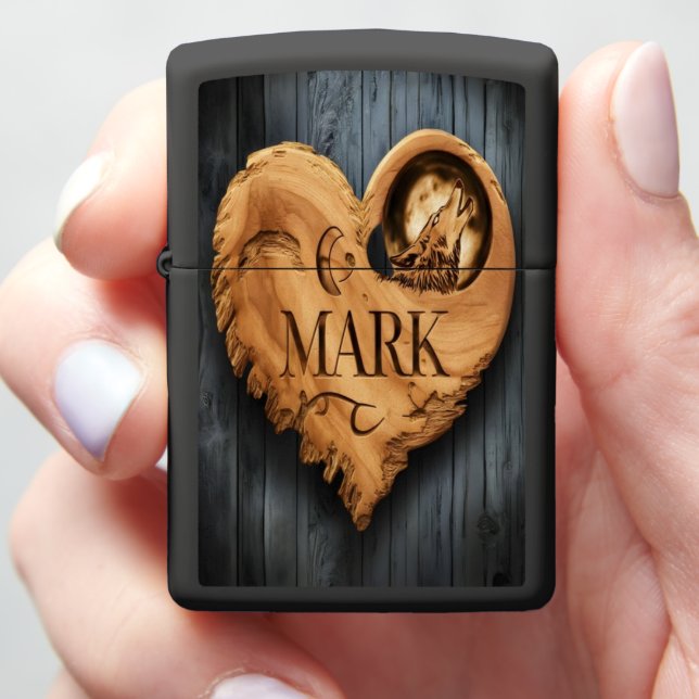 Mark Carved Wooden Heart With Wolf Zippo Lighter (In Hand)