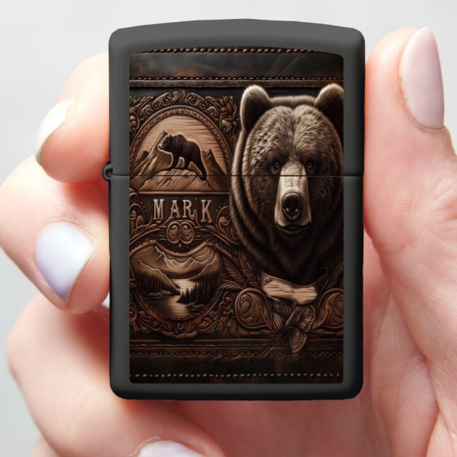 Mark Grizzly Bear Portrait on Leather Zippo Lighter (In Hand)