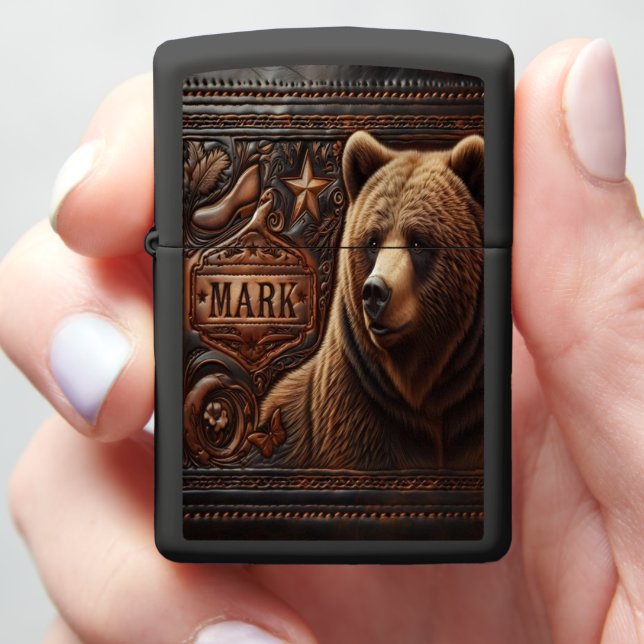 Mark Leather Carving of a Grizzly Bear Zippo Lighter (In Hand)