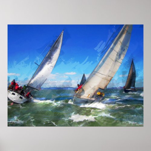 Marker Sketch of Racing Sailboats in Rough Seas Poster