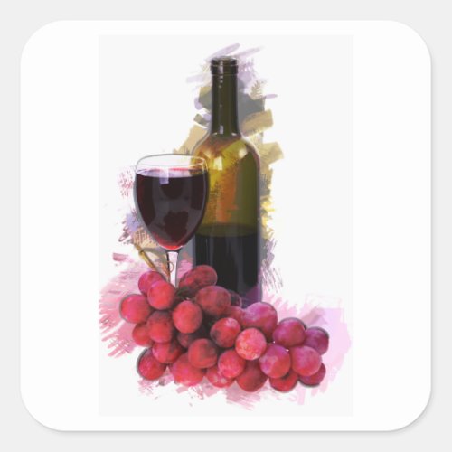 Marker Sketch Wine Glass Bottle Grapes Square Sticker