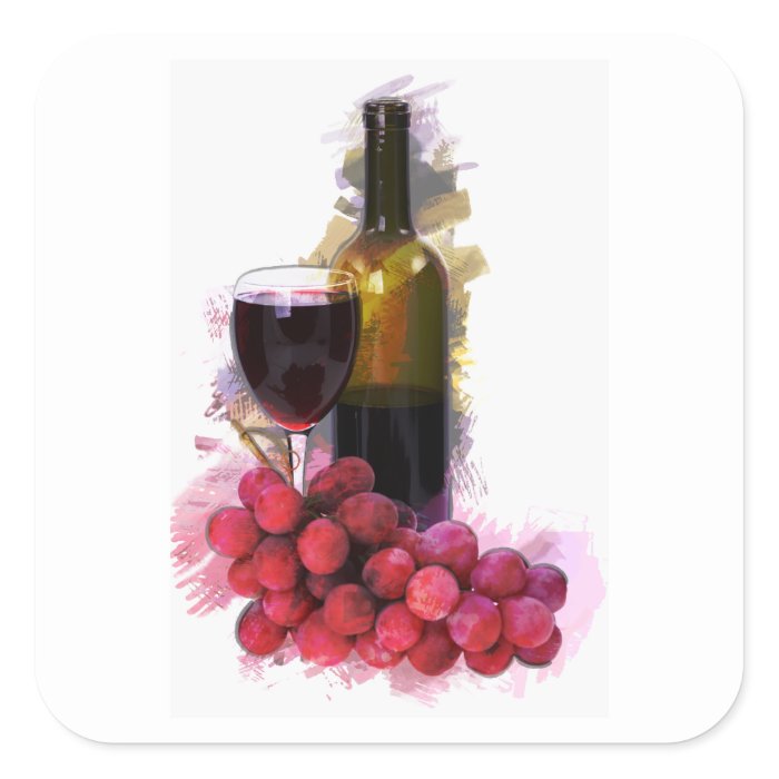 Marker Sketch, Wine Glass, Bottle, Grapes Square Stickers