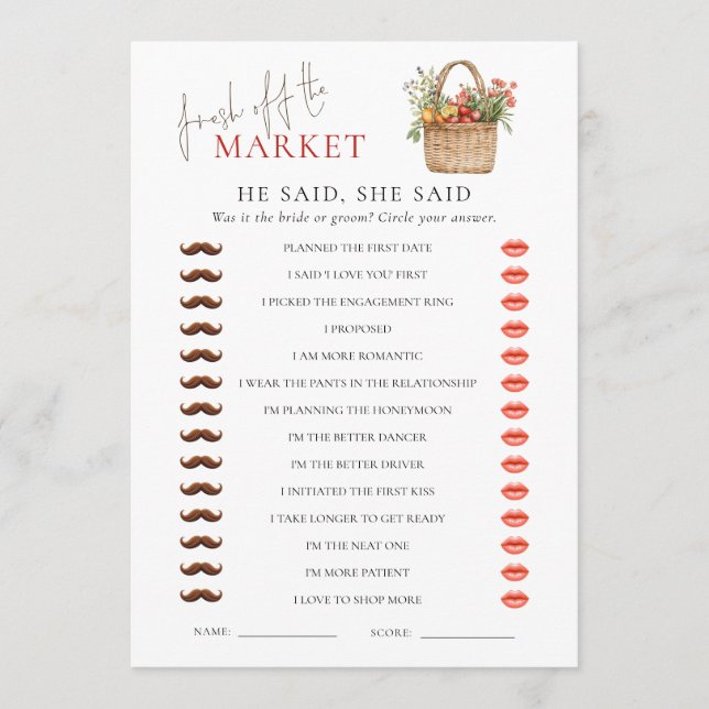 Market He said She Said Bridal Shower Game Card (Front)