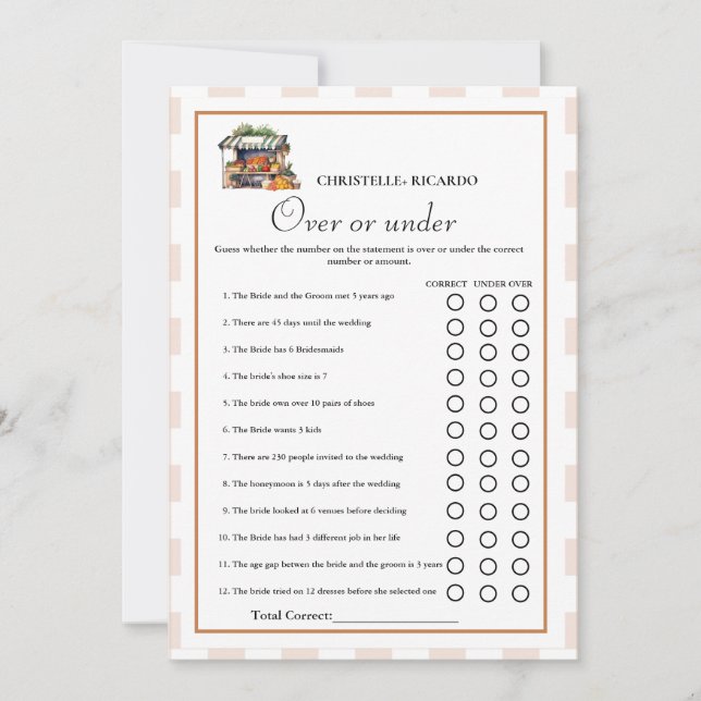 Market Over or under bridal shower game Card (Front)