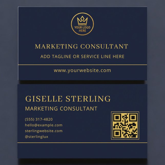 Marketing Consultant Blue Gold Logo QR Code Business Card (Creator Uploaded)