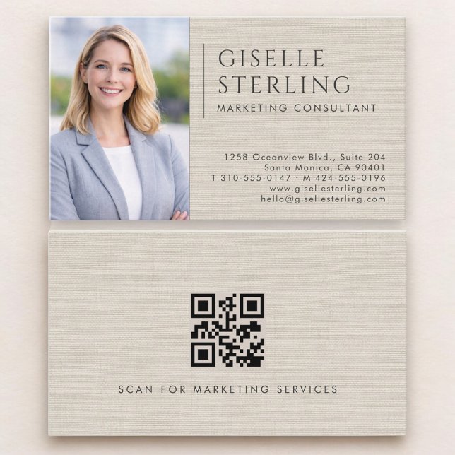 Marketing Consultant Linen Photo QR Code Business Card (Creator Uploaded)