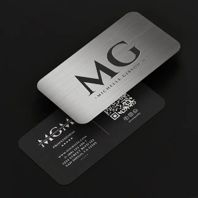 Marketing Metallic Silver Monogram Elegant Modern Business Card | Zazzle