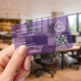 Marketing Professional Initial Monogram QR Purple Clear Business Cards