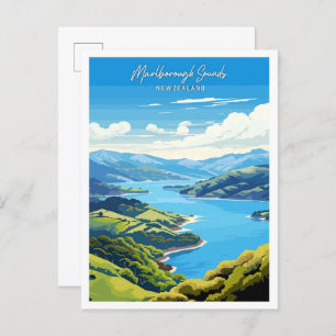 Marlborough Sounds Travel Vintage Illustration Postcard