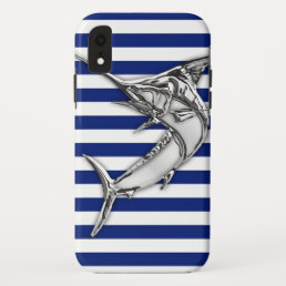 Marlin Fish Chrome on Nautical Stripes iPhone XR Case