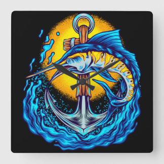 Marlin Fish with Anchor Square Wall Clock