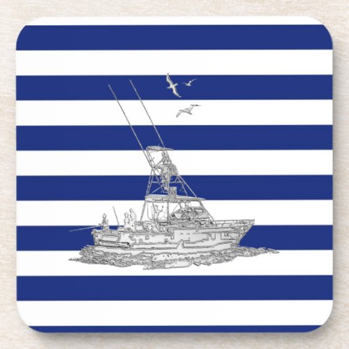 Marlin Fishing Chrome on Nautical Stripes Beverage Coaster