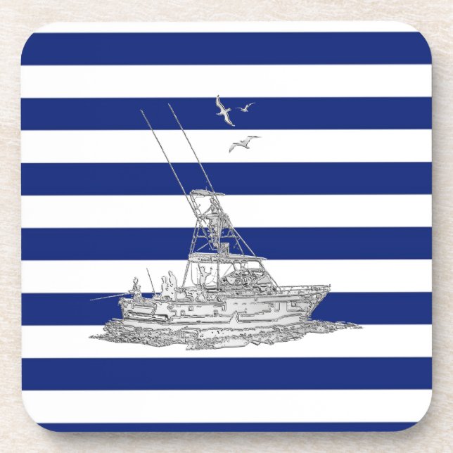 Marlin Fishing Chrome on Nautical Stripes Beverage Coaster (Front)