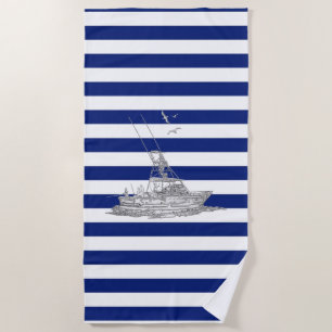 Marlin Fishing Chrome on Nautical Stripes Decor Beach Towel