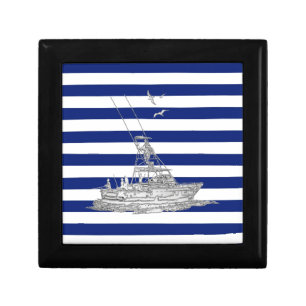 Marlin Fishing Chrome on Nautical Stripes Keepsake Box