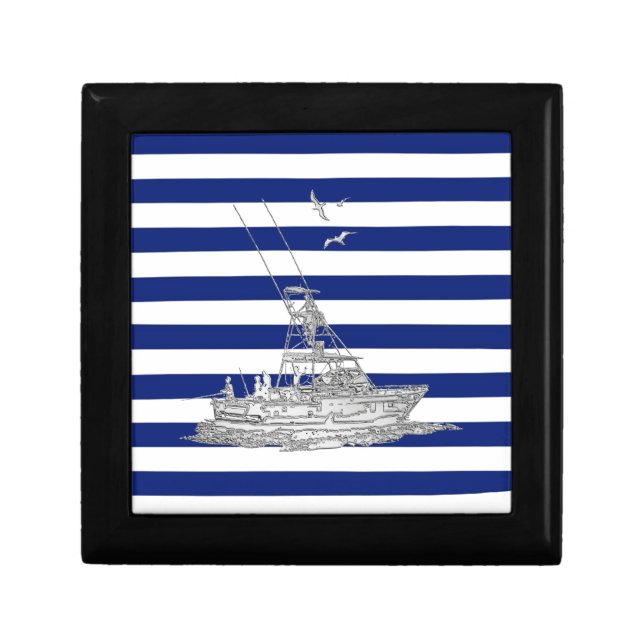 Marlin Fishing Chrome on Nautical Stripes Keepsake Box (Front)