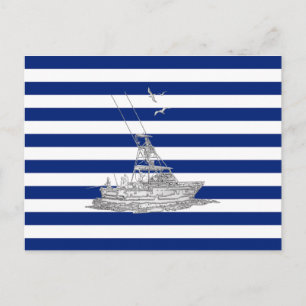 Marlin Fishing Chrome on Nautical Stripes Postcard