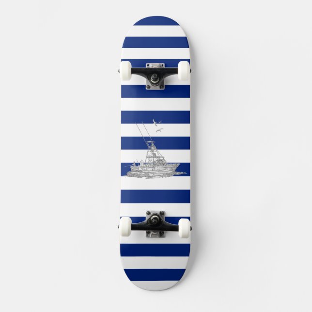 Marlin Fishing Chrome on Nautical Stripes Skateboard (Front)