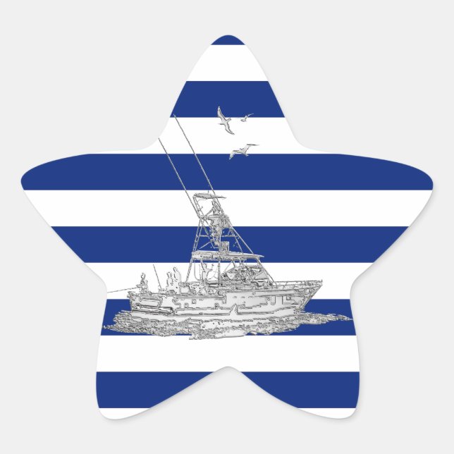 Marlin Fishing Chrome on Nautical Stripes Star Sticker (Front)