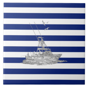 Marlin Fishing Chrome on Nautical Stripes Tile