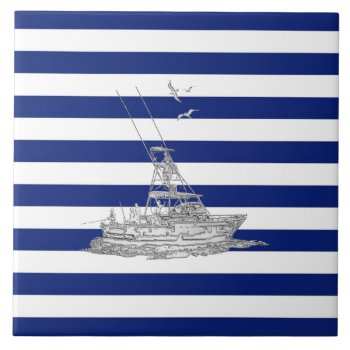 Marlin Fishing Chrome On Nautical Stripes Tile by CaptainShoppe at Zazzle