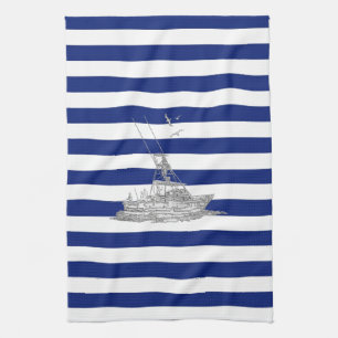 Marlin Fishing Chrome on Nautical Stripes Towel