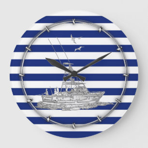 Marlin Fishing Chrome on Navy Stripes Large Clock