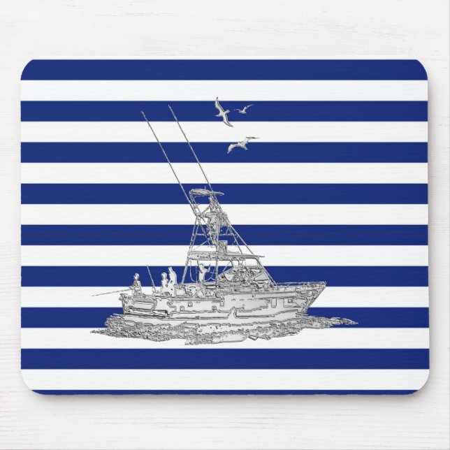 Marlin Fishing Chrome on Navy Stripes Mouse Pad (Front)