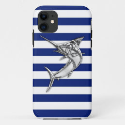 Marlin Swordfish Chrome on Nautical Stripes iPhone 11 Case
