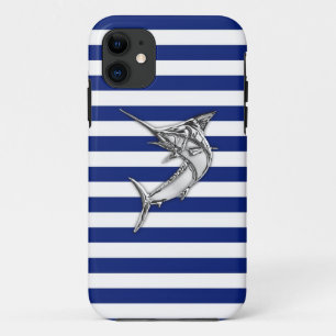 Marlin Swordfish Chrome on Nautical Stripes iPhone 11 Case
