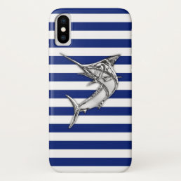 Marlin Swordfish Chrome on Nautical Stripes iPhone X Case