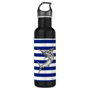 Marlin Swordfish Chrome on Nautical Stripes Stainless Steel Water Bottle
