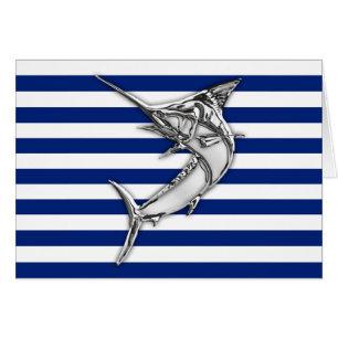 Marlin Swordfish Chrome Style on Nautical Stripes Cards