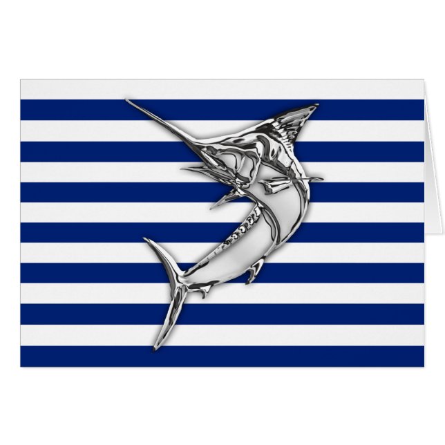 Marlin Swordfish Chrome Style on Nautical Stripes Cards (Front Horizontal)