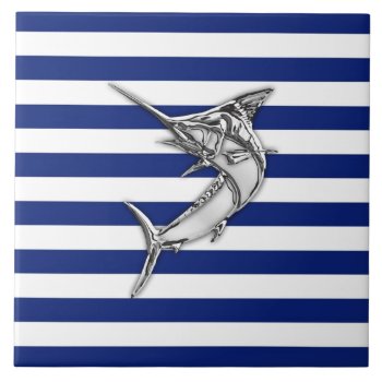 Marlin Swordfish Chrome Style On Nautical Stripes Ceramic Tile by CaptainShoppe at Zazzle