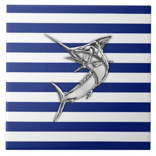 Marlin Swordfish Chrome Style on Nautical Stripes Ceramic Tile
