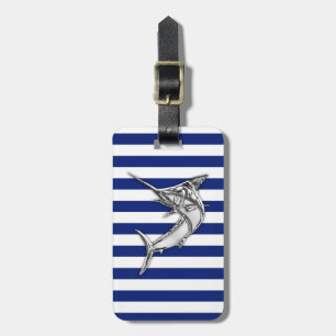 Marlin Swordfish Chrome Style on Nautical Stripes Luggage Tag