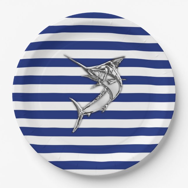 Marlin Swordfish Chrome Style on Nautical Stripes Paper Plates (Front)