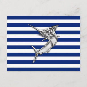 Marlin Swordfish Chrome Style on Nautical Stripes Postcard