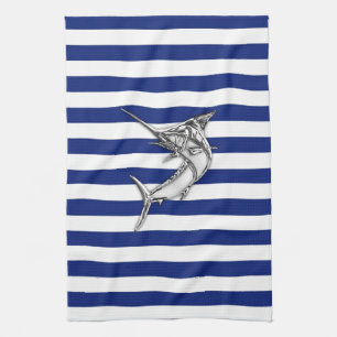 Marlin Swordfish Chrome Style on Nautical Stripes Towel