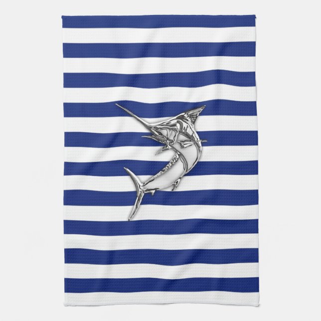 Marlin Swordfish Chrome Style on Nautical Stripes Towel (Vertical)