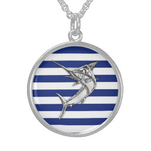 Marlin Swordfish on Nautical Blue Stripes Sterling Silver Necklace