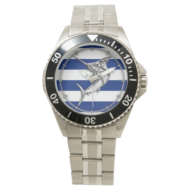 Marlin Swordfish on Nautical Blue Stripes Watch (Front)