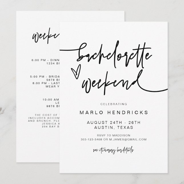 MARLO Bold Contemporary Bachelorette Itinerary Invitation (Front/Back)