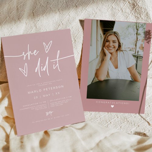 MARLO Minimalist Blush Photo She Did It Graduation Invitation