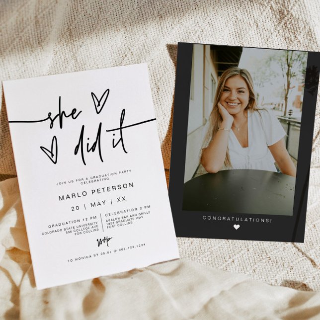 MARLO Minimalist Heart Photo She Did It Graduation Invitation (Creator Uploaded)