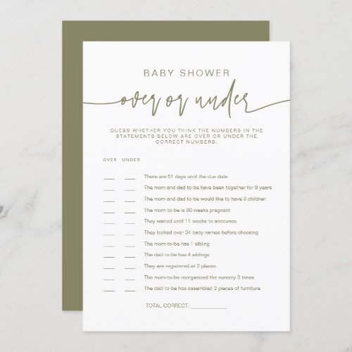 MARLO Olive Green Over Under Baby Shower Game  Invitation